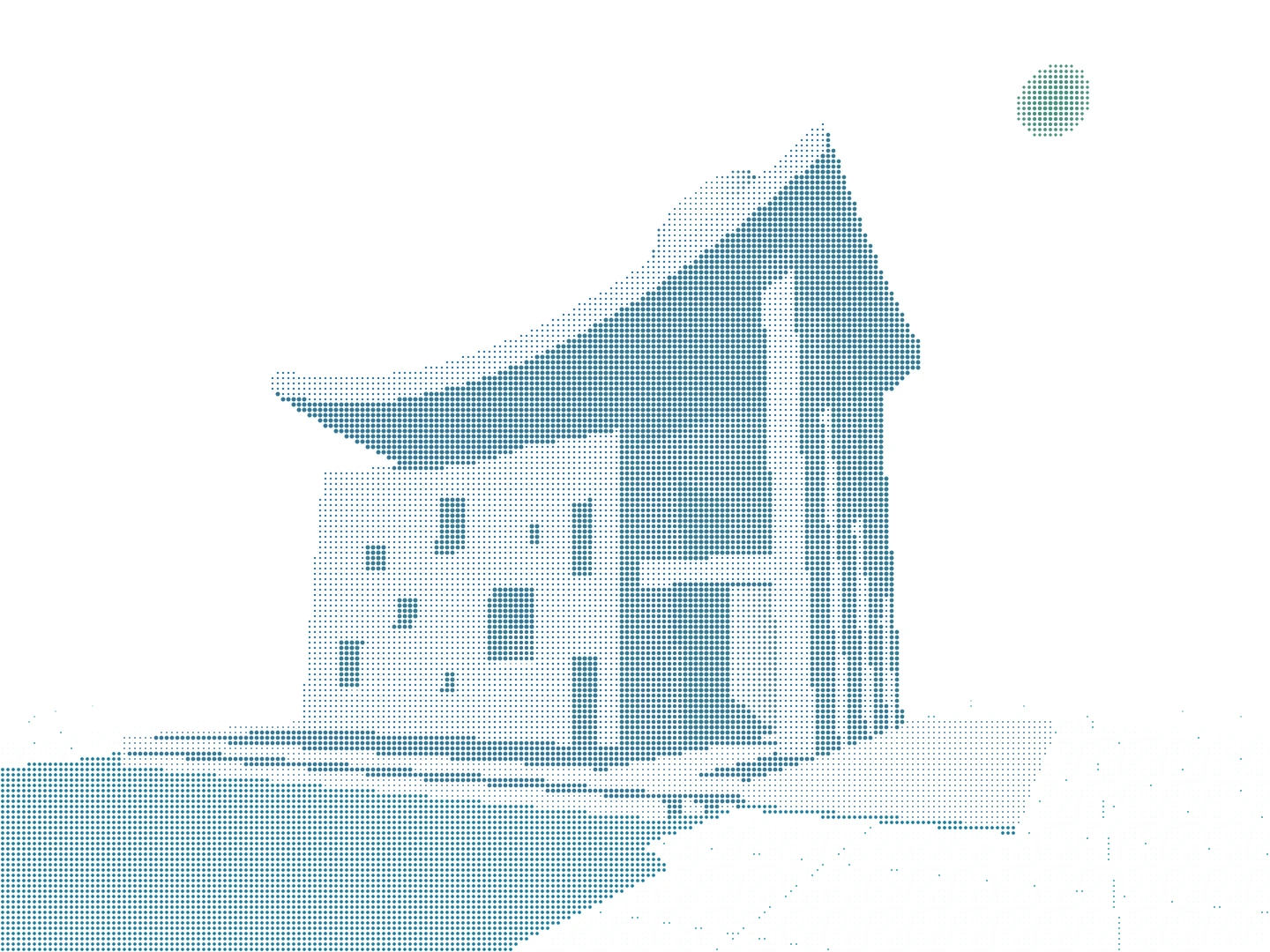 藍綠點陣的雕塑性建築,厚實曲面屋頂、深窗、採光塔與太陽